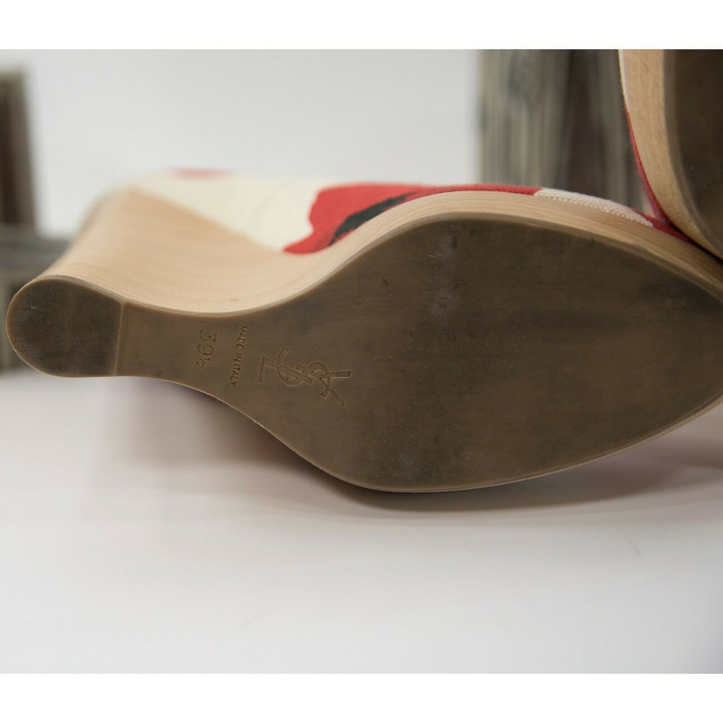 YSL Yves Saint Laurent Poppy Canvas Wedge Platform Pumps 39.5 9.5