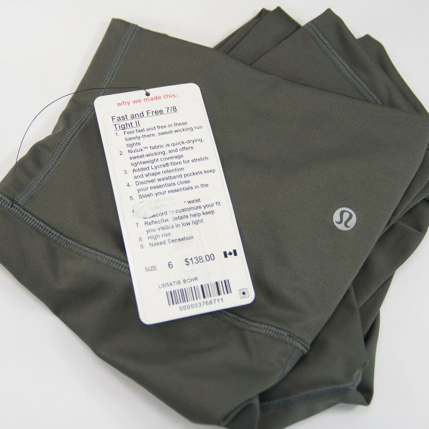 Lululemon Charcoal Fast Free 7/8 Tight II Fitted Leggings NWT Size 6