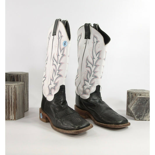 Justin Black White Embroidered Leather Western Cowboy Boots Size 6