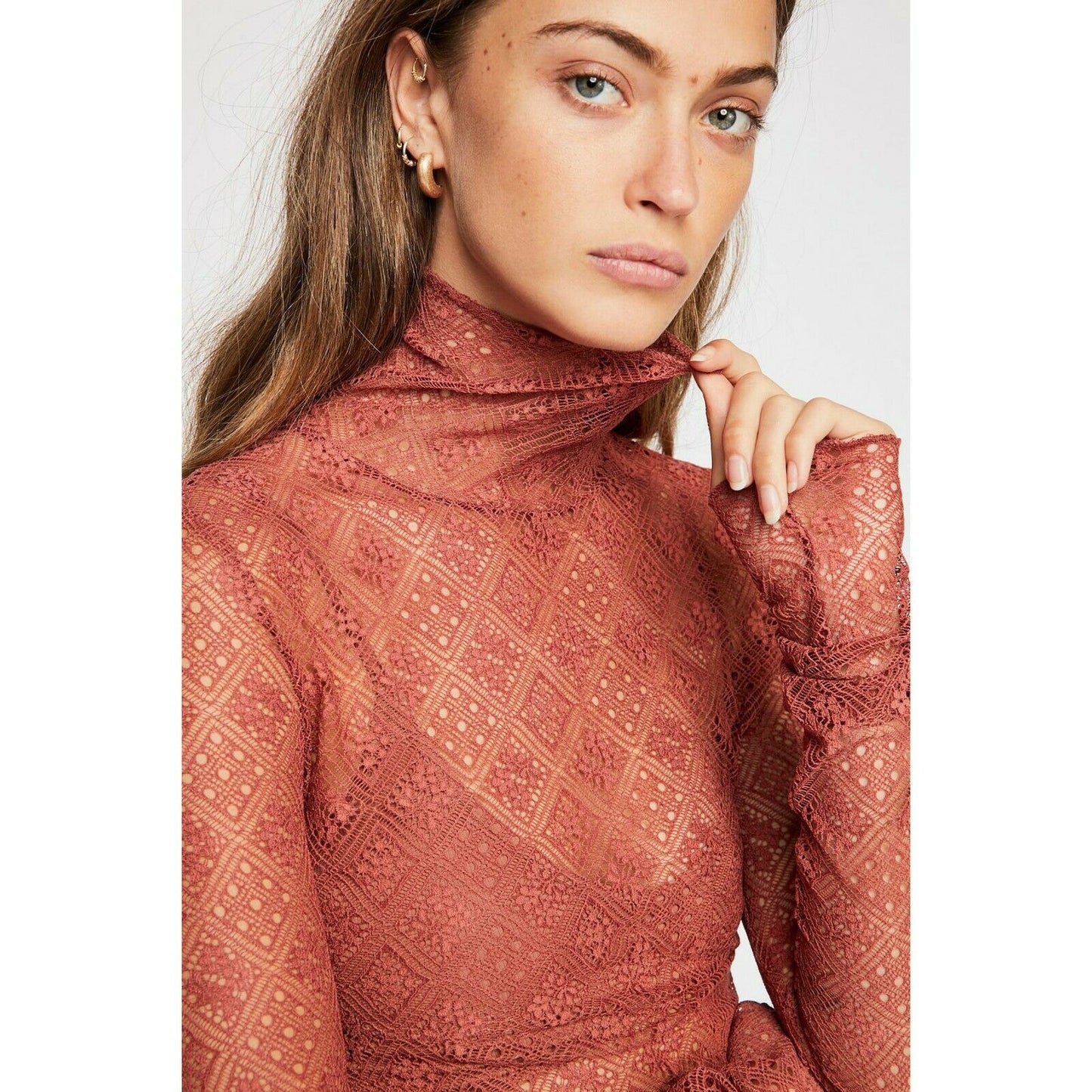 Free People Double Layer Tribeca Sweet Memories Lace Turtleneck Fitted Shirt S