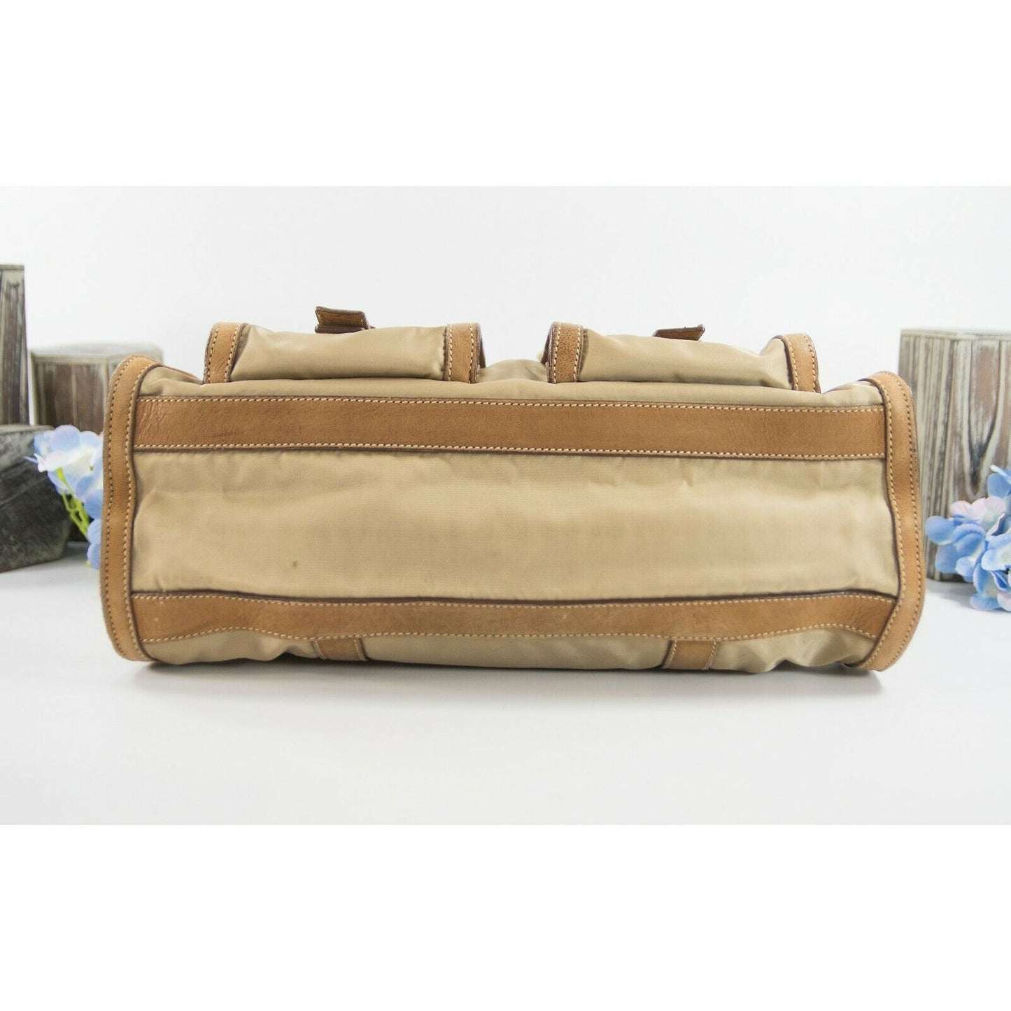 Prada Beige Nude Nylon Leather Large Briefcase Satchel Bag GUC