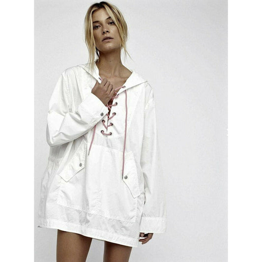 Free People White Cotton Drawstring Oversize Hi-Low Poplin Anorak Jacket M-L NWT