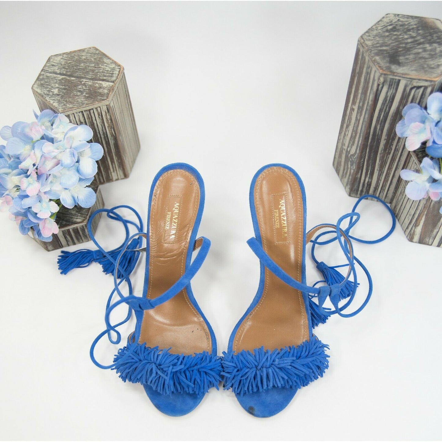 Aquazzura Royal Blue Suede Fringe Lace Up Stilletto Heels Shoes Sz 39 9