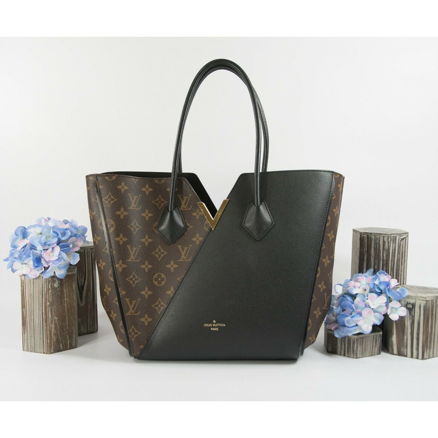 Louis Vuitton Brown Monogram Black Leather Kimono MM Tote Bag DU4155 EUC