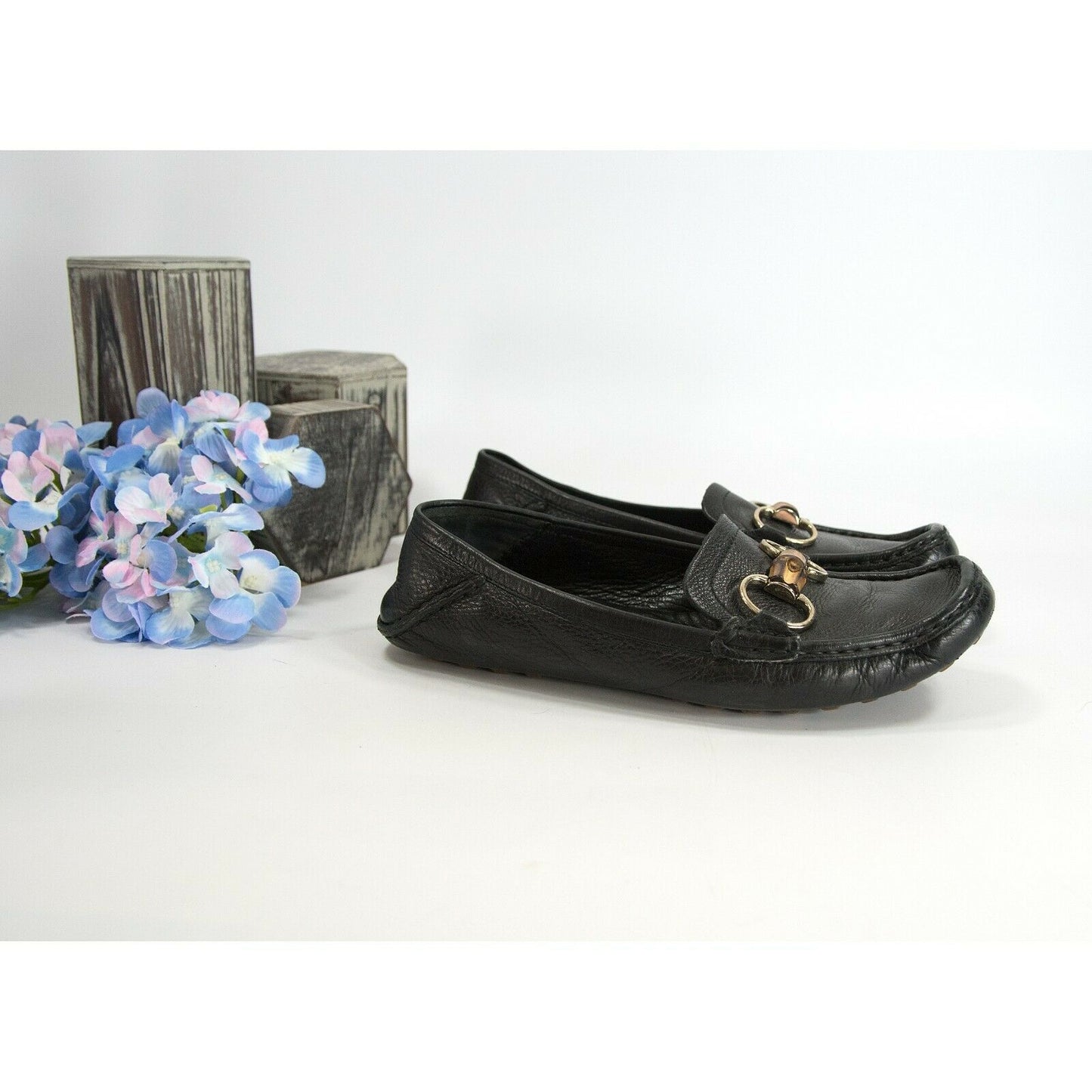 Gucci Vintage Black Leather Bamboo Toe Driver Moccasins Loafers Size 36 GUC