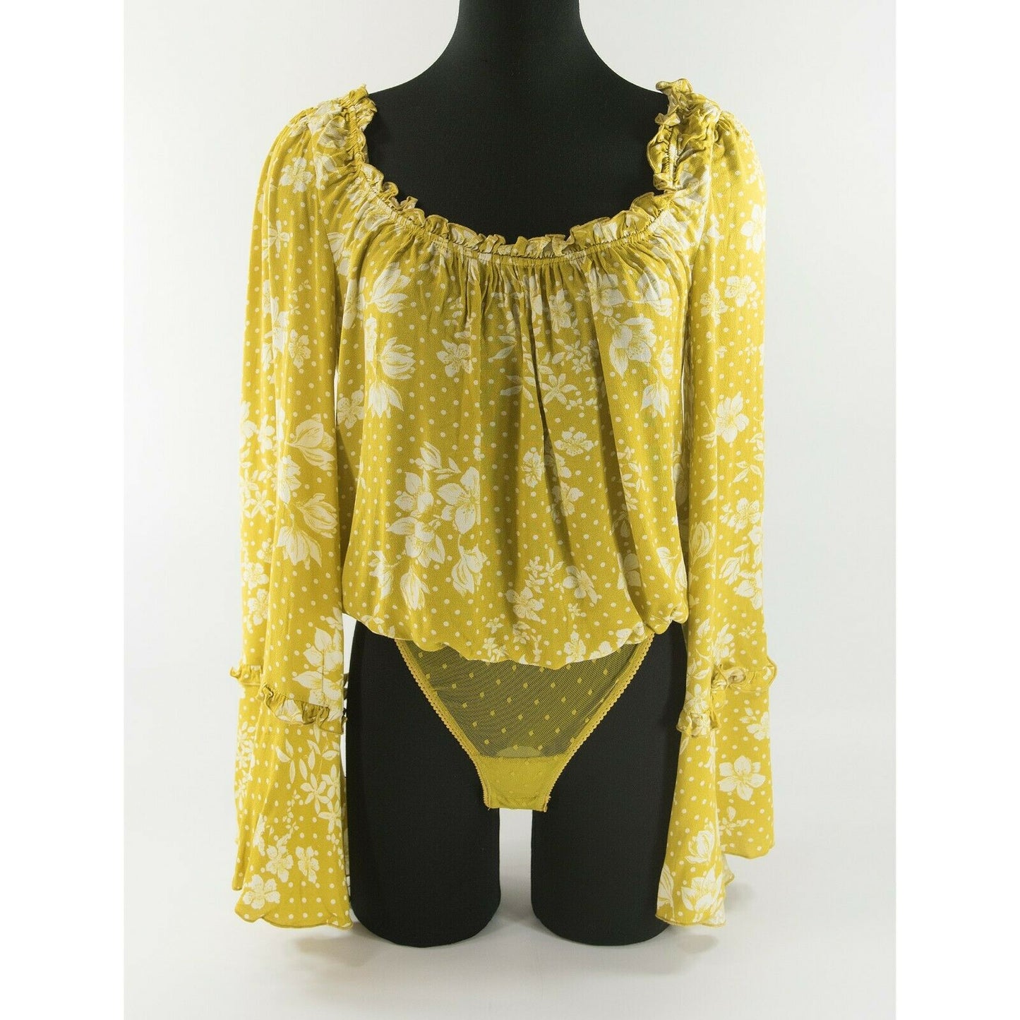Free People Mustard Yellow Floral Peasant Bell Sleeve Blouse Thong Bodysuit M