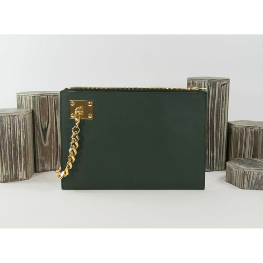 Sophie Hulme Forest Green Natural Leather Chain Strap Clutch EUC