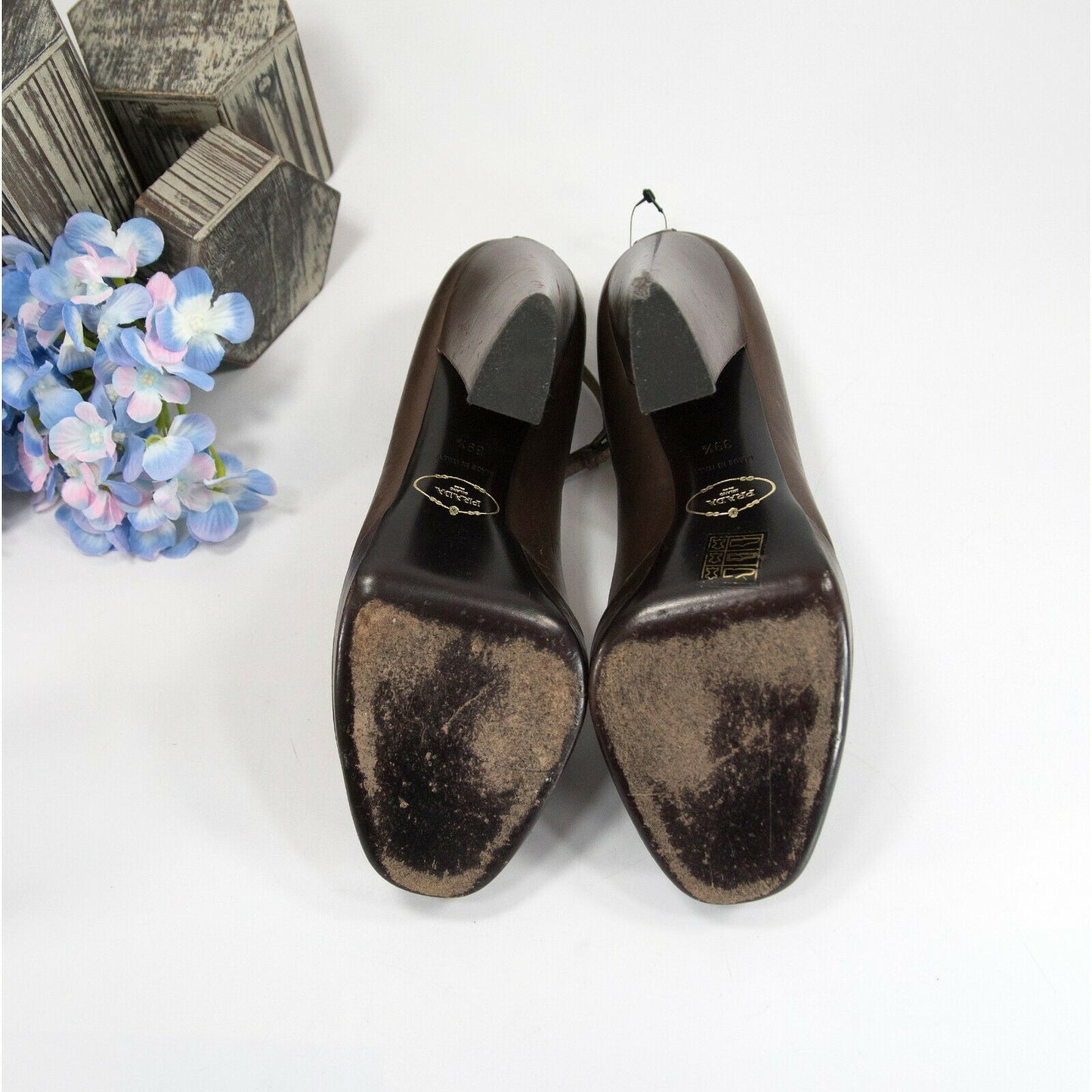 Prada Brown Leather Ankle Strap Platform Pumps Heels Size 39.5 GUC
