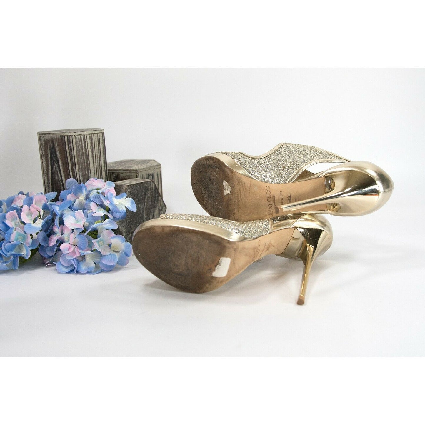 Jimmy Choo Gold Metallic Glitter Leather High Heels Platform Pumps Size 39 EUC