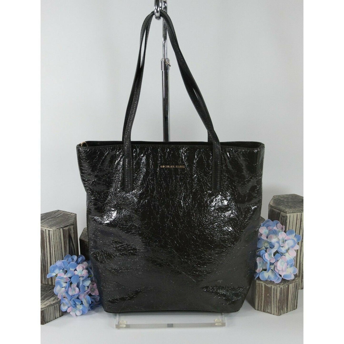 Michael Kors Emry Black Crinkled Leather Large Tote Bag NWT