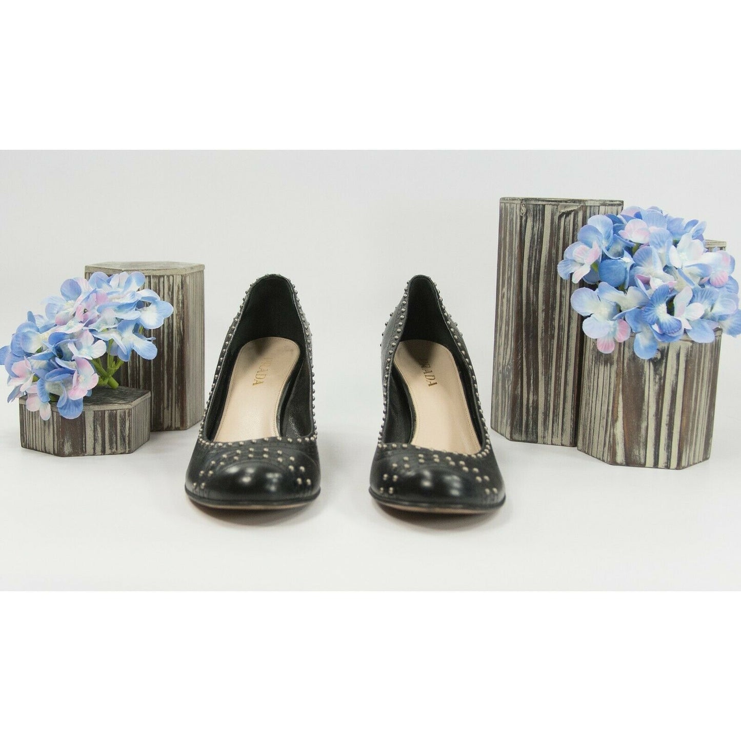 Prada Studded Black Leather Block Heels Shoes Sz 39.5 9.5
