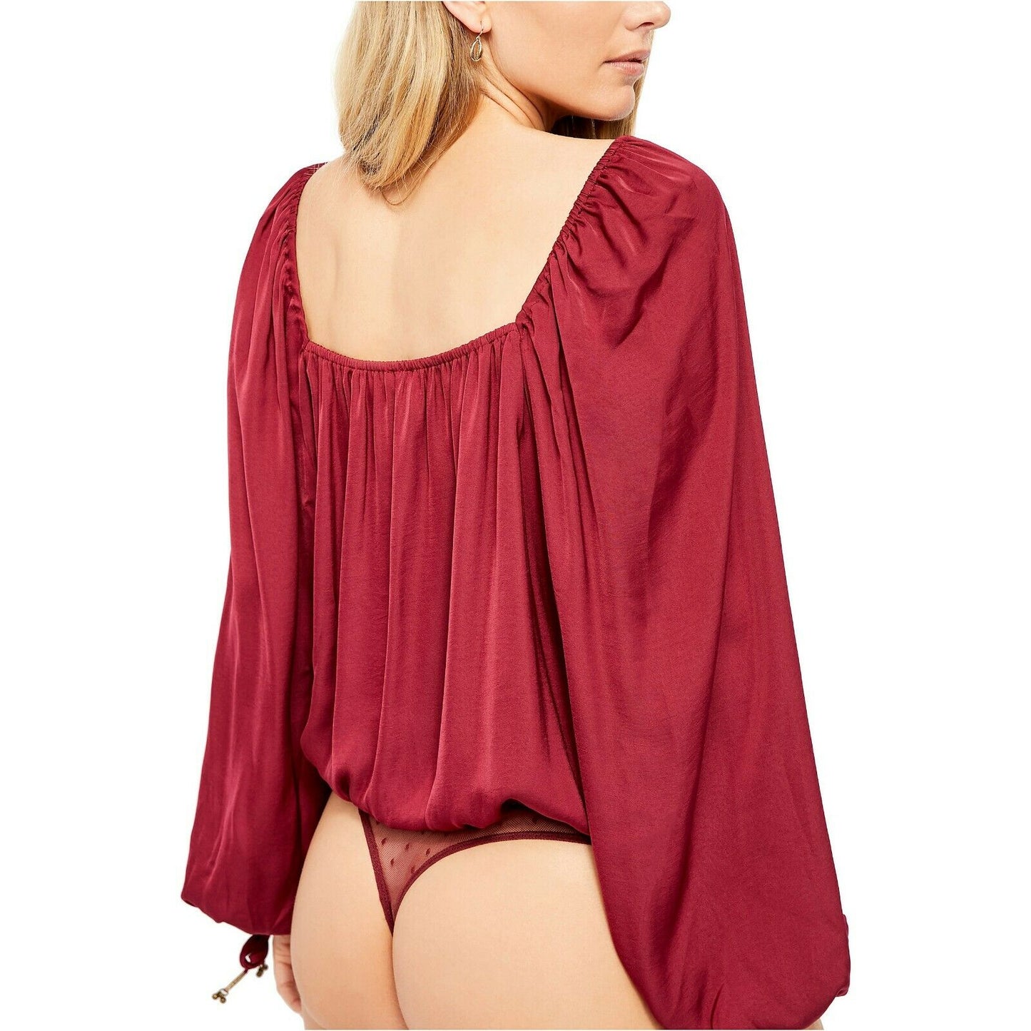 Free People Another Round Pomegranate Peasant Sleeve Blouse Thong Bodysuit M