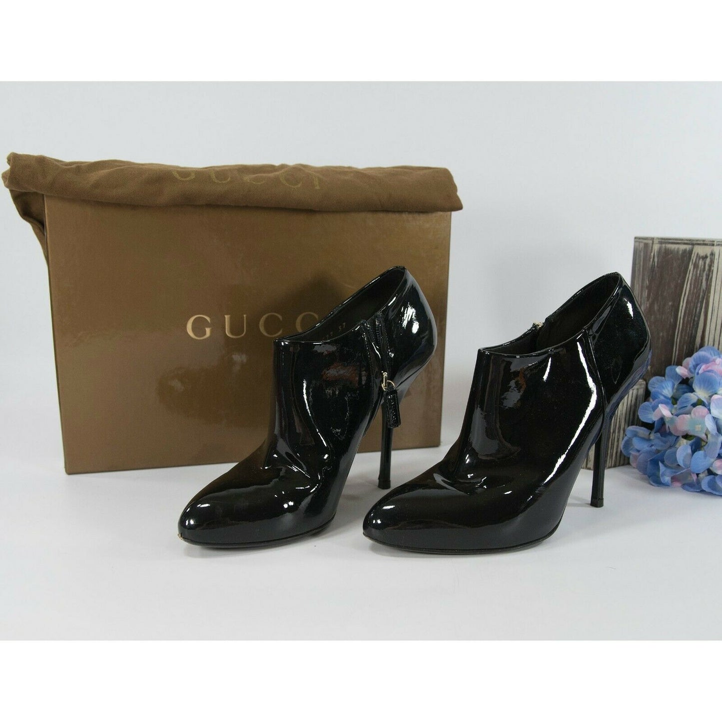 Gucci Vitello Vernice Soft Nero Black Patent Leather Spike Heel Booties Sz 37 7