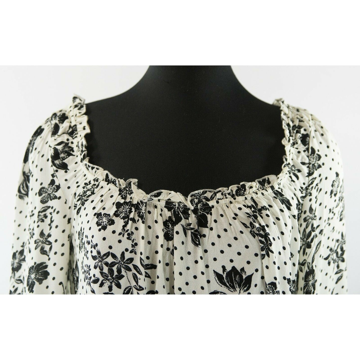 Free People Black White Floral Peasant Bell Sleeve Blouse Thong Bodysuit S