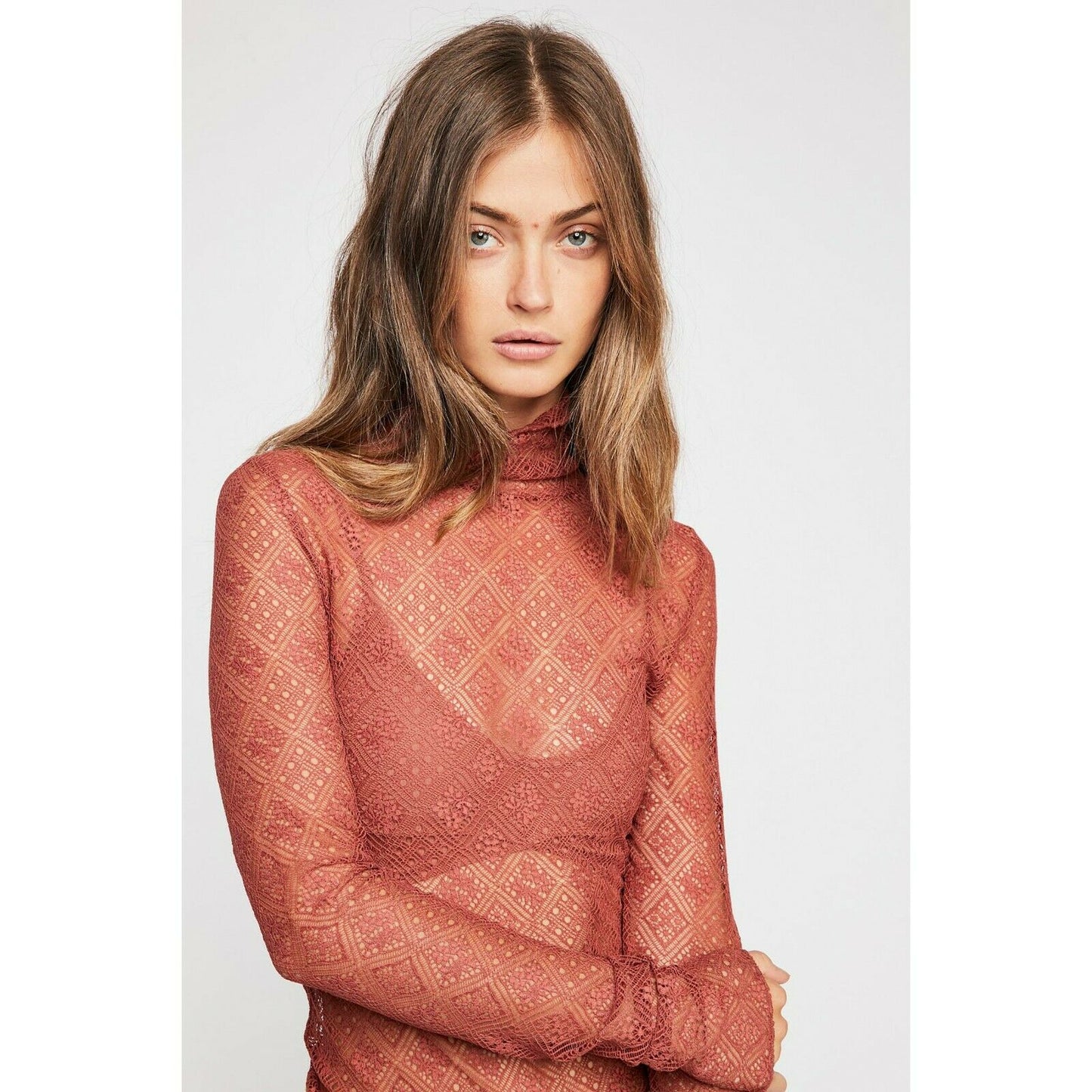 Free People Double Layer Tribeca Sweet Memories Lace Turtleneck Fitted Shirt S