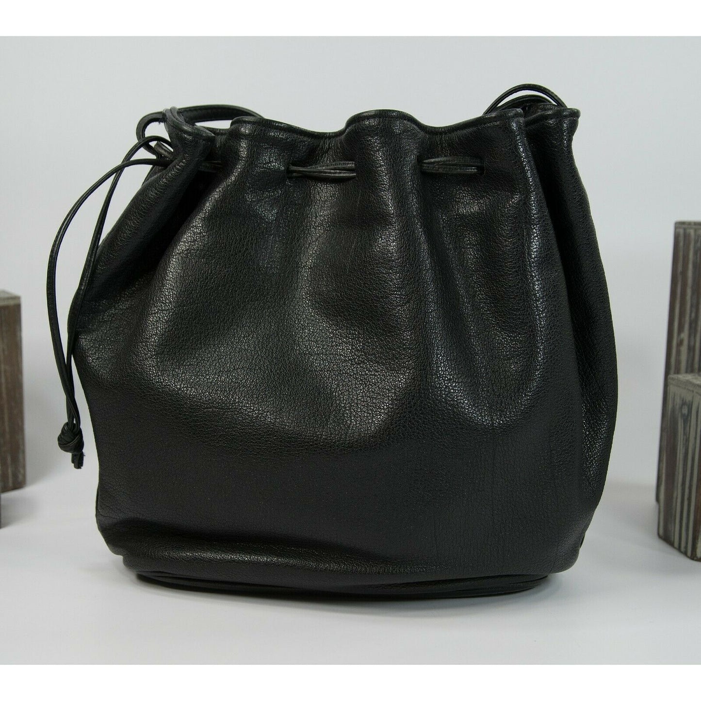 Carlos Falchi Black Leather  Drawstring Bucket Shoulder Crossbody Bag EUC