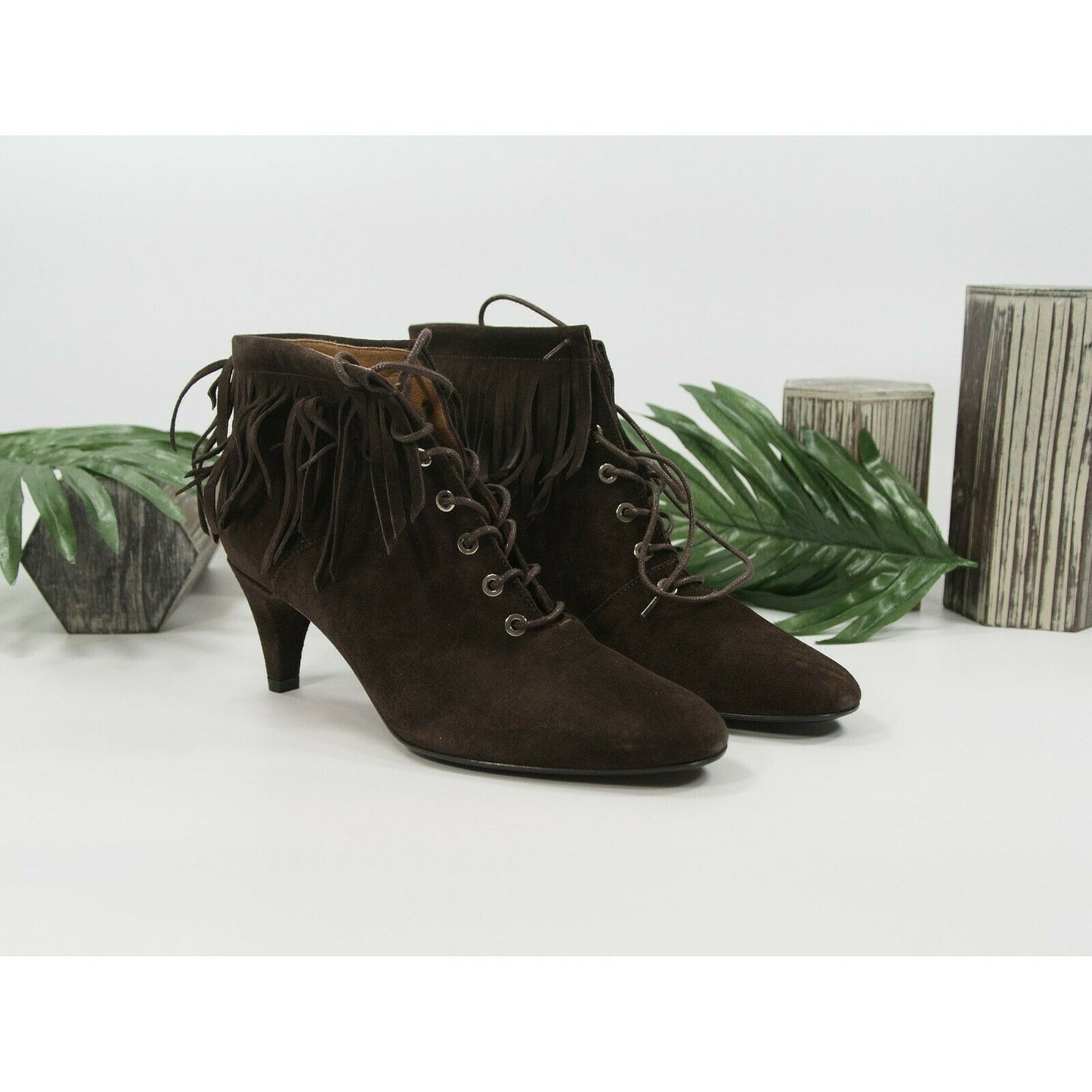Maje Marron Brown Suede Kitten Heel Lace Up Fringe Ankle Boot Shoes Sz 40 10