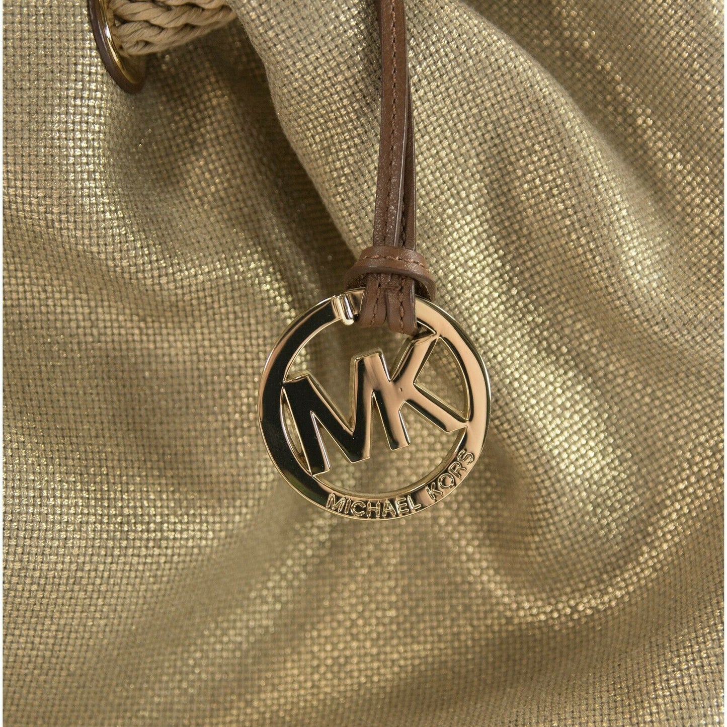 Michael Kors Marina Large Gold Gathered Drawstring Canvas Hobo Shoulder Bag NWT