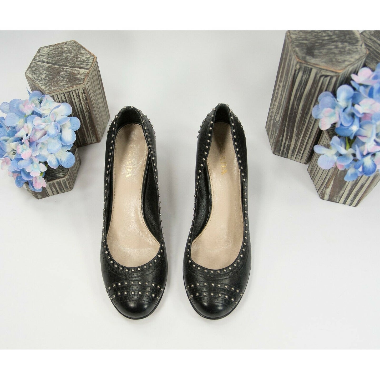 Prada Studded Black Leather Block Heels Shoes Sz 39.5 9.5