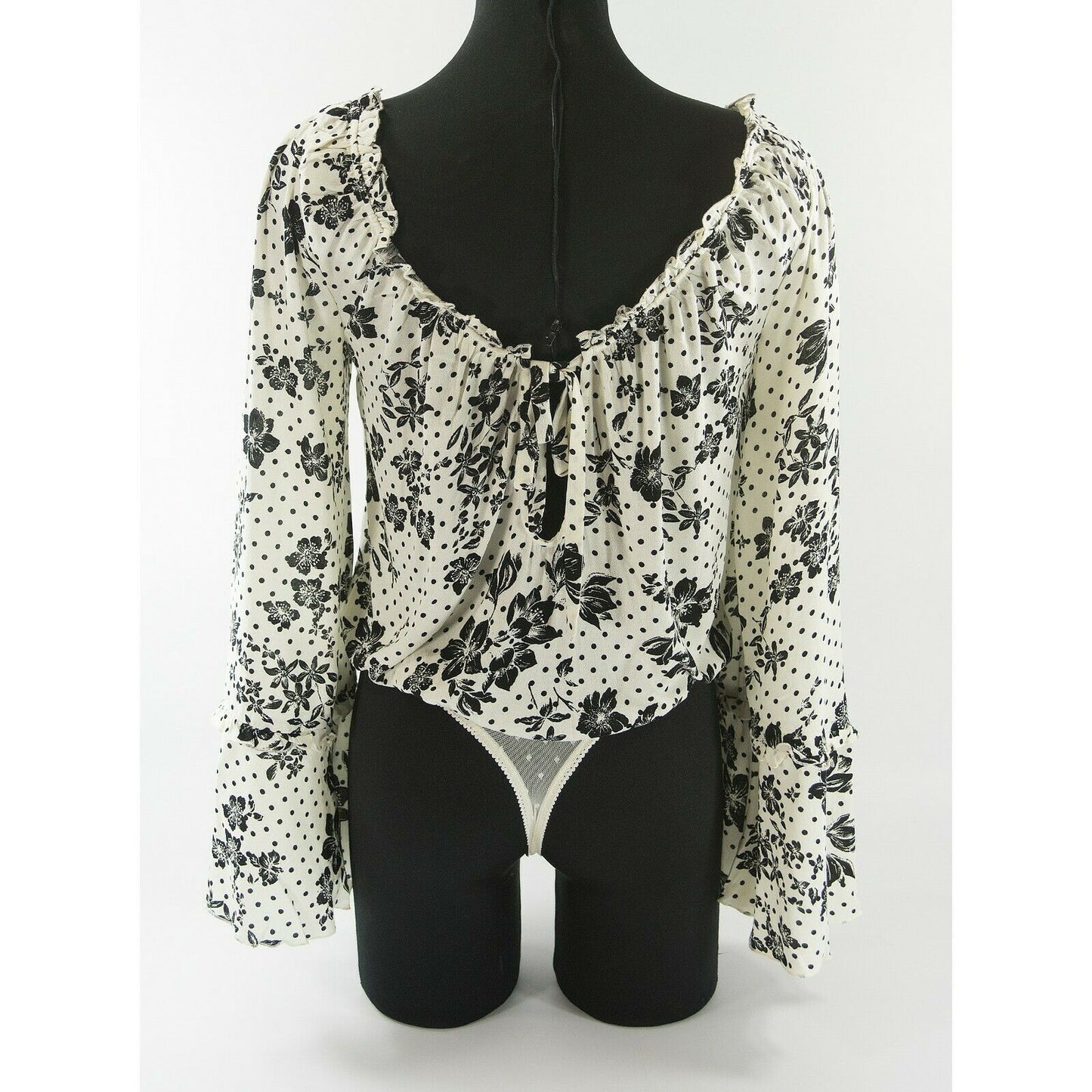 Free People Black White Floral Peasant Bell Sleeve Blouse Thong Bodysuit S