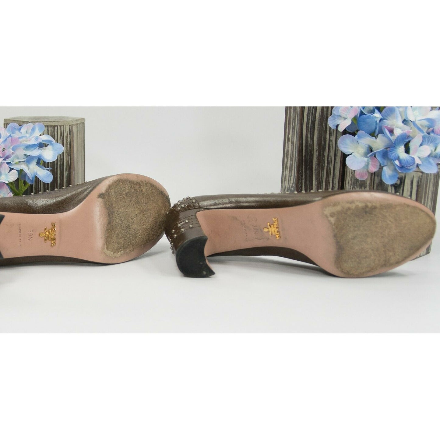 Prada Studded Brown Leather Block Heels Shoes Sz 39.5 9.5
