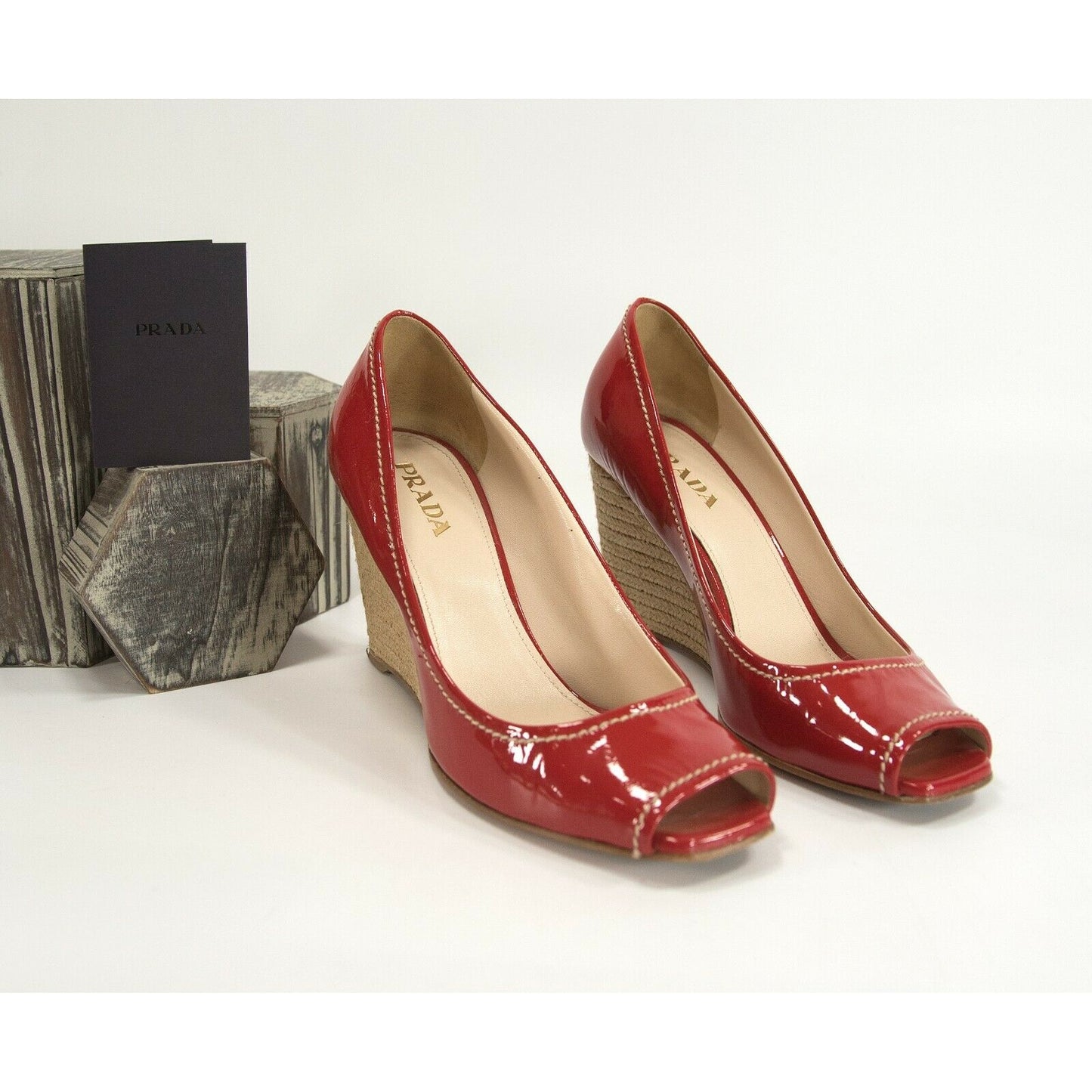 Prada Red Patent Leather Espadrille Wedge Peep Toe Heels Size 37 EUC