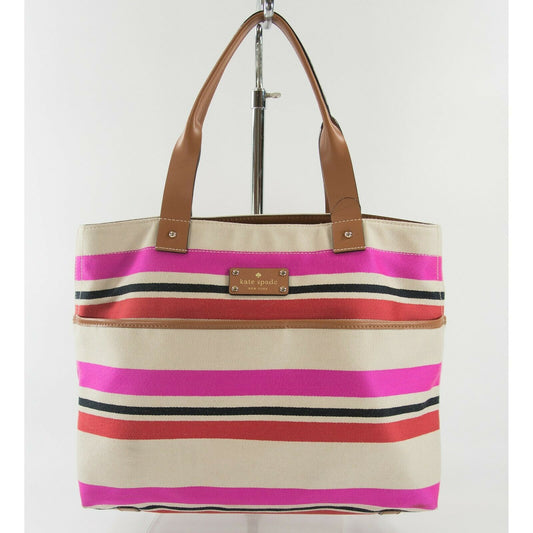 Kate Spade Oak Island Canvas Stripe Leather Trim Magazine Tote Bag GUC