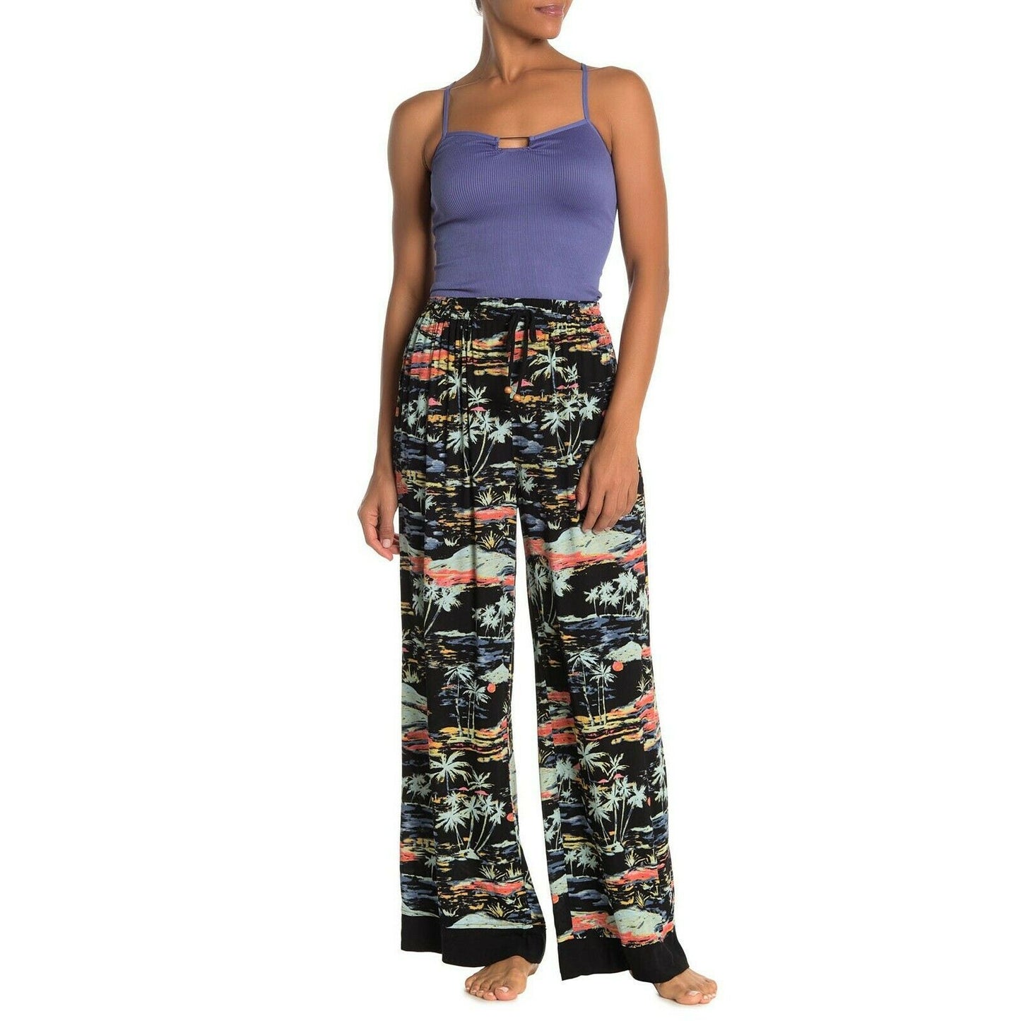 Free People Black Floral Tropical Blue Lagoon Wide Leg Lounge Pants NWT L