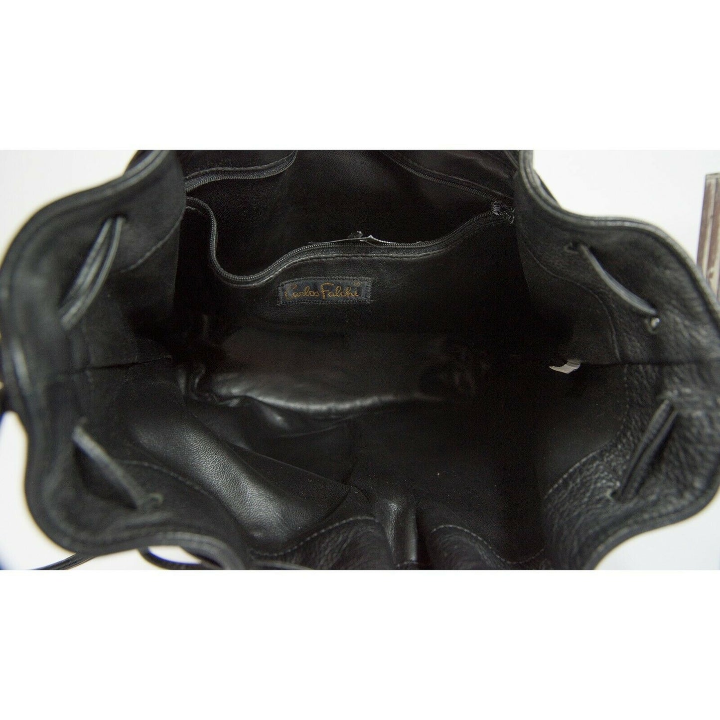 Carlos Falchi Black Leather  Drawstring Bucket Shoulder Crossbody Bag EUC