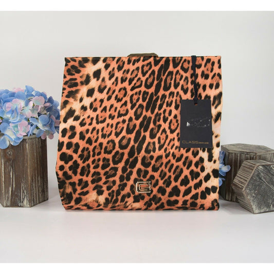 Roberto Cavalli Class Satin Leopard Flat Frame Clutch Bag NWT