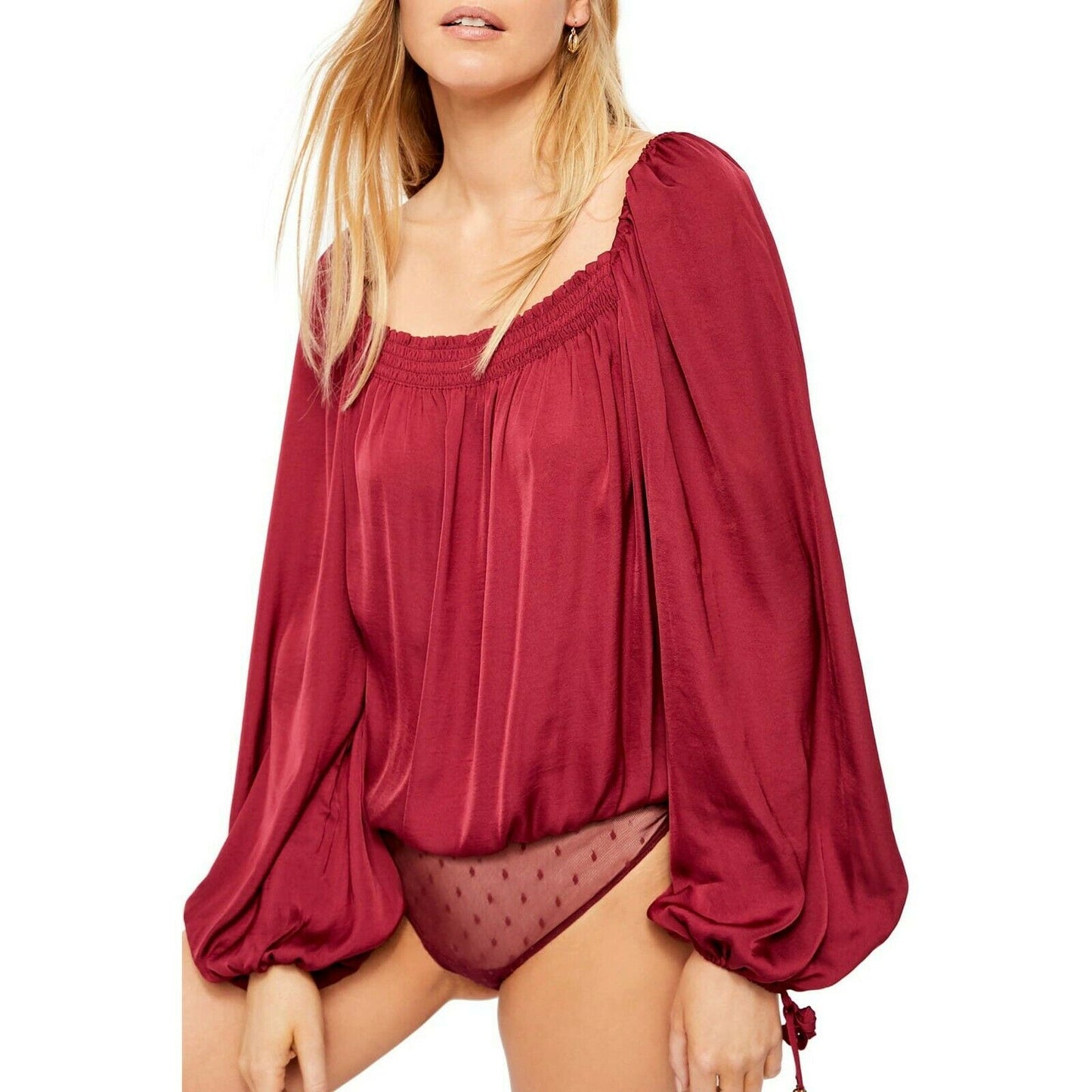 Free People Another Round Pomegranate Peasant Sleeve Blouse Thong Bodysuit M