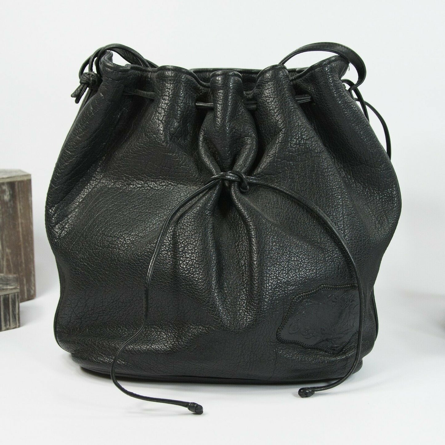 Carlos Falchi Black Leather  Drawstring Bucket Shoulder Crossbody Bag EUC