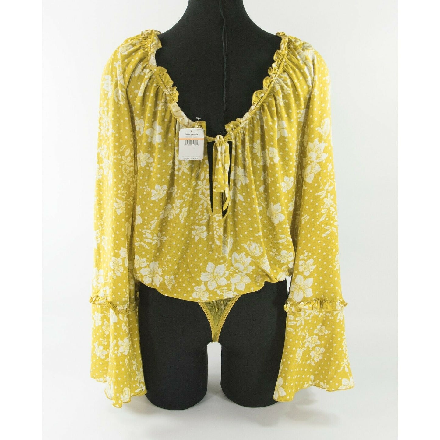 Free People Mustard Yellow Floral Peasant Bell Sleeve Blouse Thong Bodysuit S