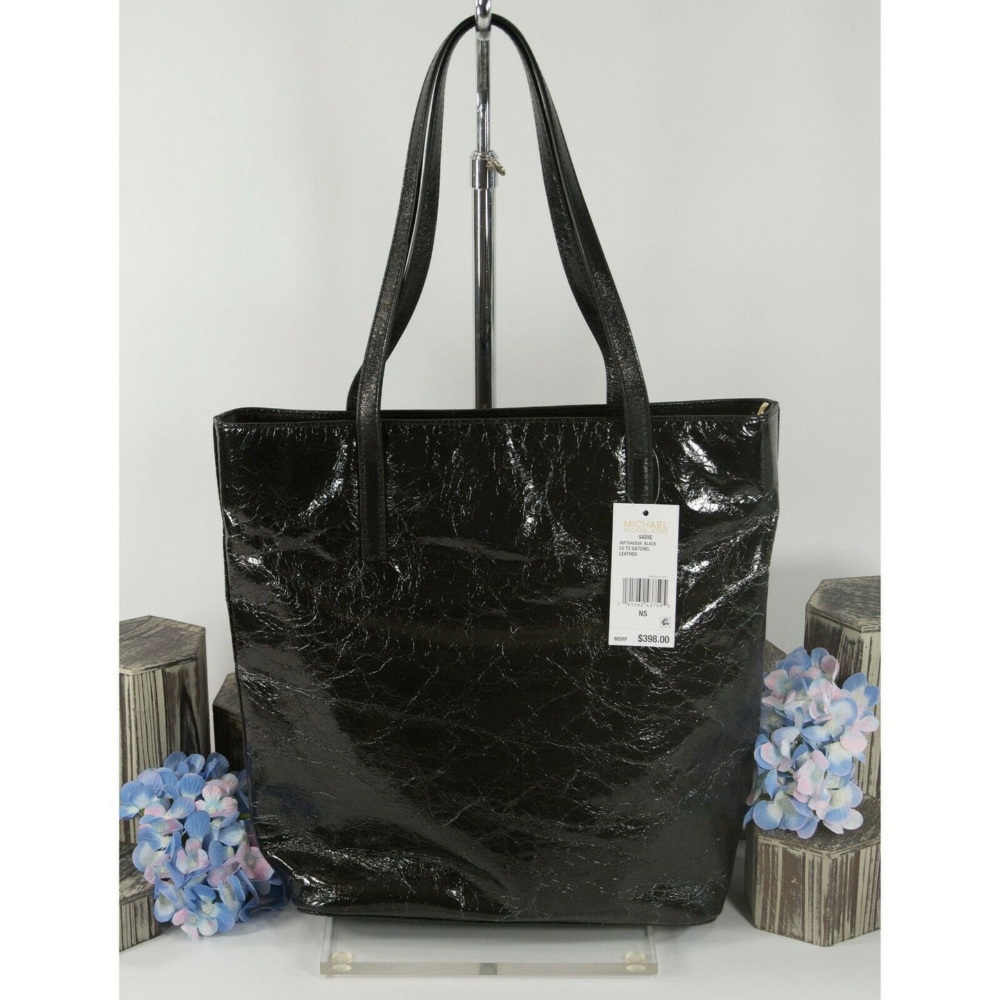 Michael Kors Emry Black Crinkled Leather Large Tote Bag NWT