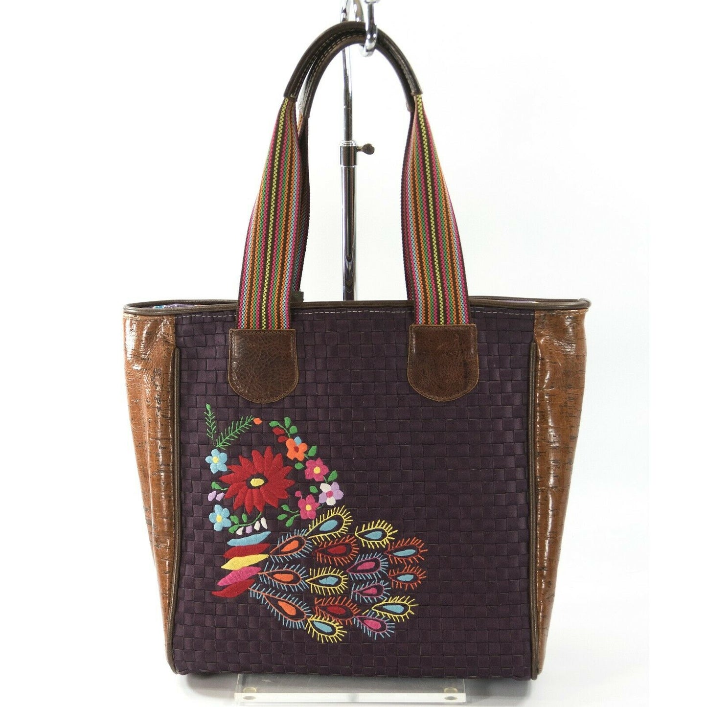 Consuela Austin Purple Woven Twill Floral Embroidered Leather Large Tote Bag NWT