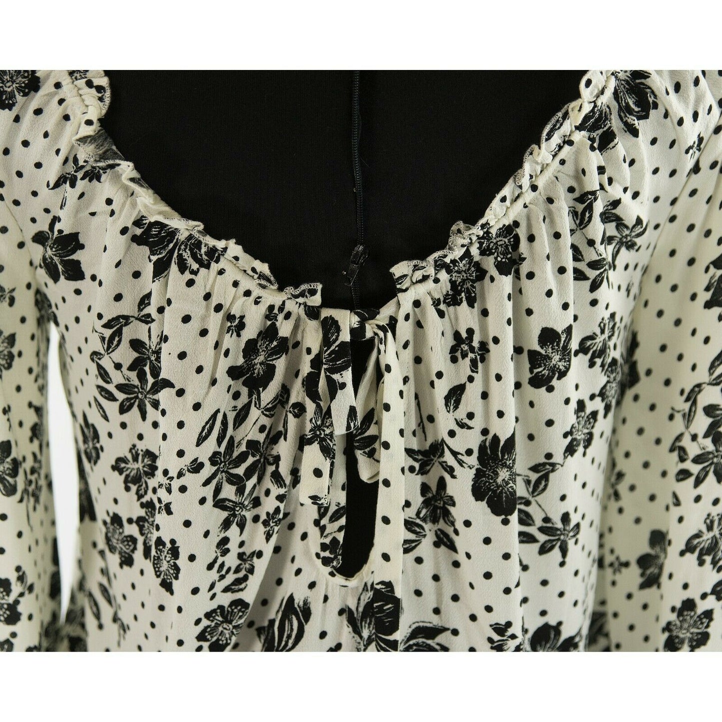 Free People Black White Floral Peasant Bell Sleeve Blouse Thong Bodysuit XS