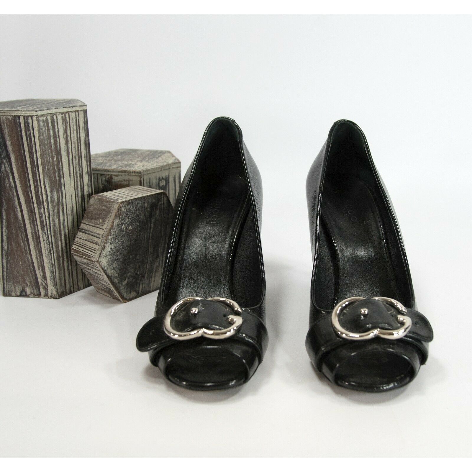 Gucci Black Patent Leather Wedge Sandals Size 39.5 Gucci