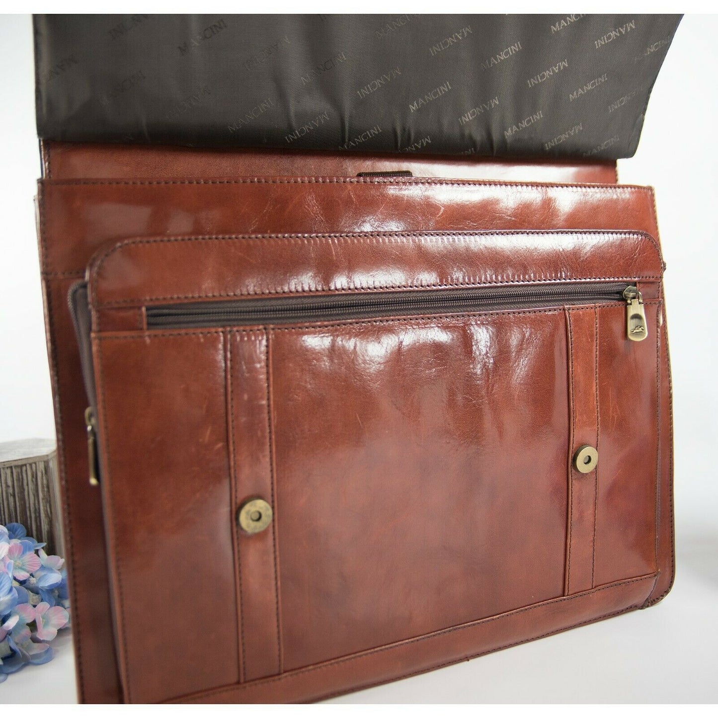 Mangini Cognac Vintage Leather Briefcase Messenger Crossbody Bag