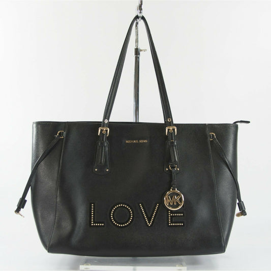 Michael Kors Love Studded Black Leather Large Voyager Top Zip Tote Bag NWT