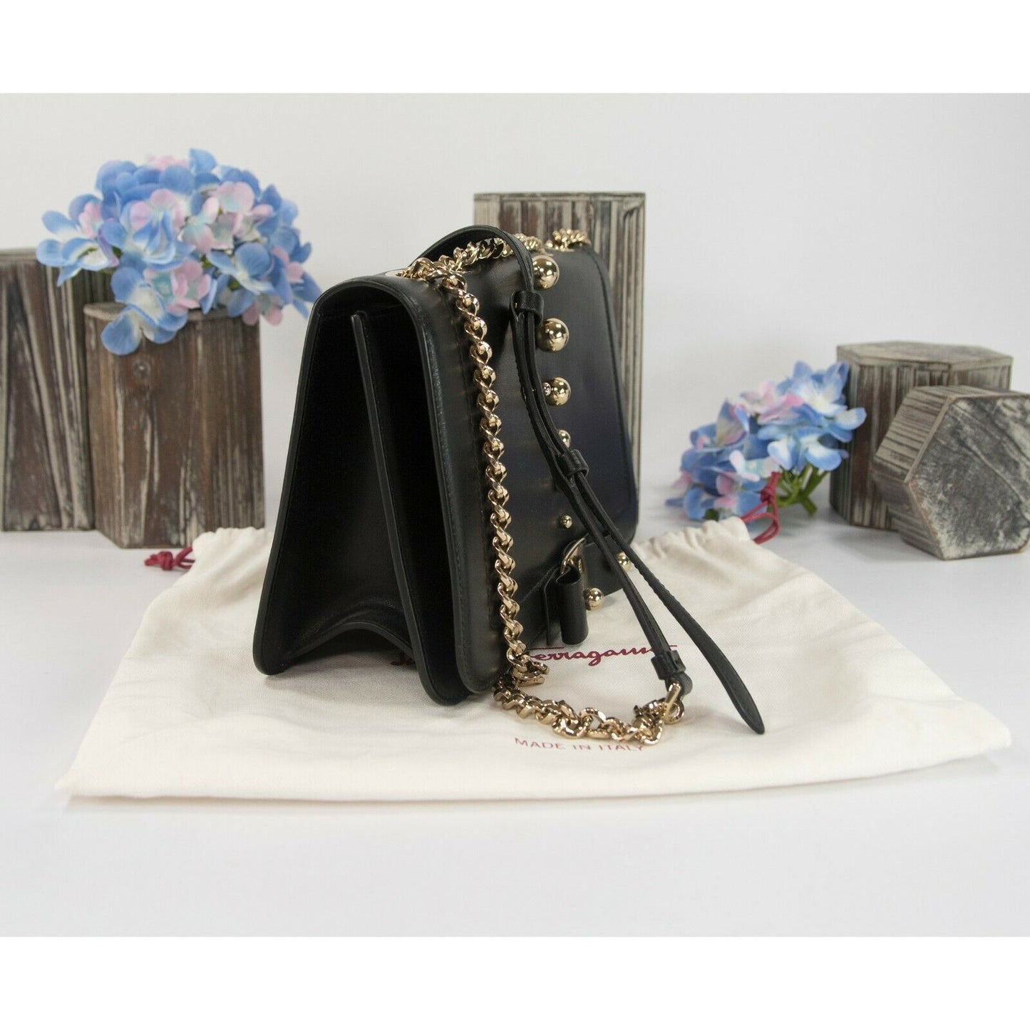 Salvatore Ferragamo Black Leather Studded Bow Crossbody Bag NWT