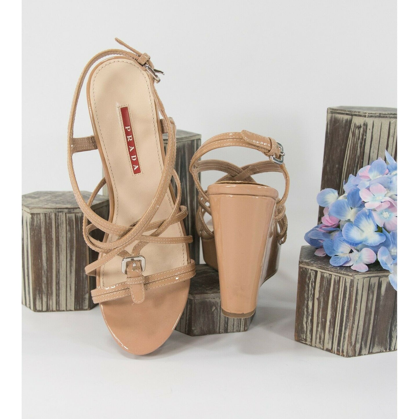 Prada Nude Patent Strappy Wedge Heels Shoes Sz 36.5 6.5