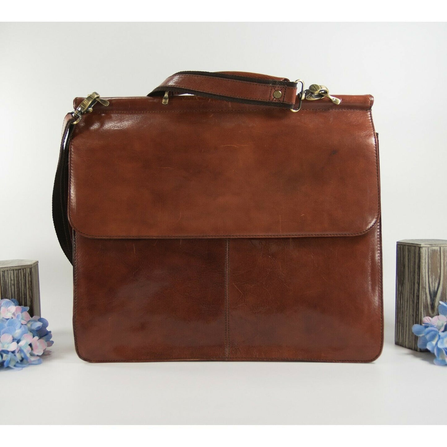Mangini Cognac Vintage Leather Briefcase Messenger Crossbody Bag