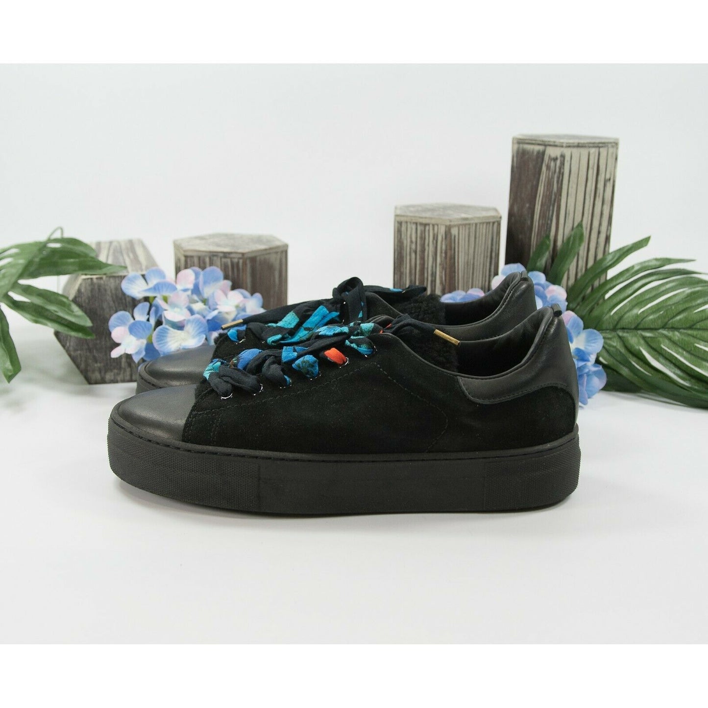 Maje Black Suede Shearling Ribbon Lace Up Sneakers Shoes Sz 40 10 NWOB
