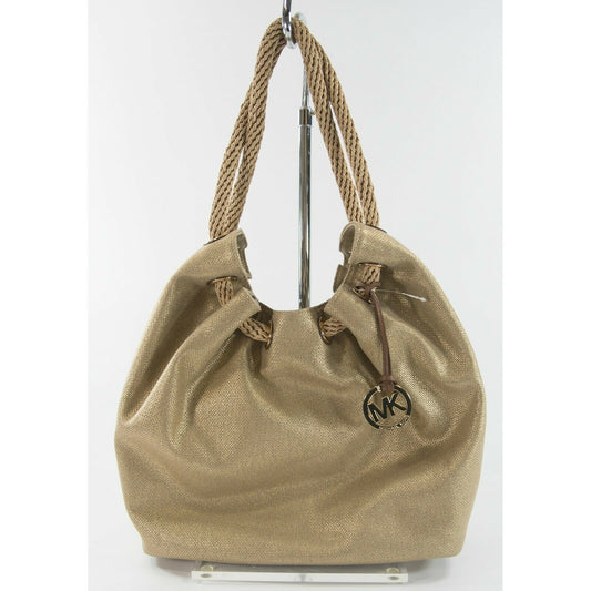 Michael Kors Marina Large Gold Gathered Drawstring Canvas Hobo Shoulder Bag NWT