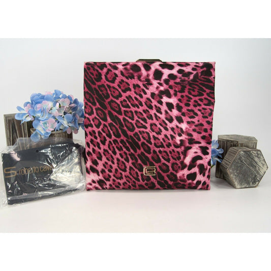 Roberto Cavalli Class Satin Leopard Flat Frame Clutch Bag NWT