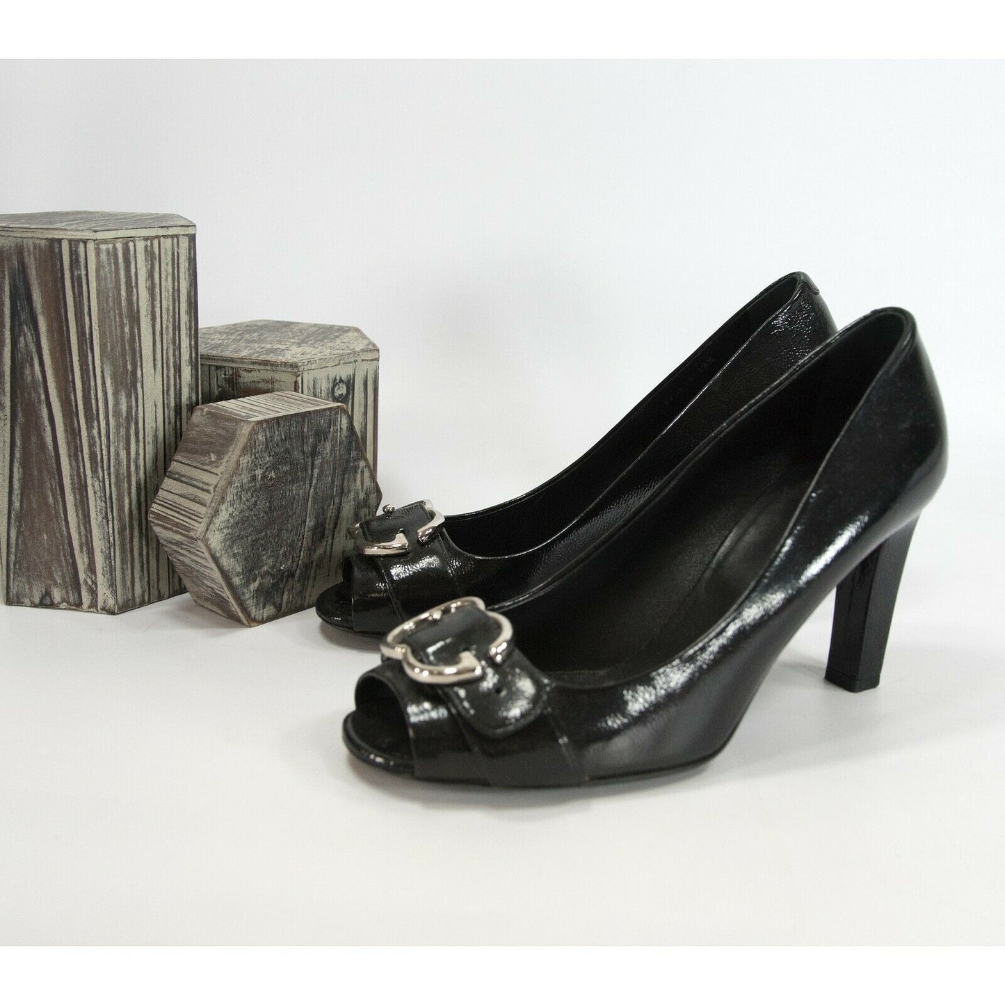Gucci Vintage Black Patent Leather Peep Toe Platform Pumps Heels Size 38.5 GUC