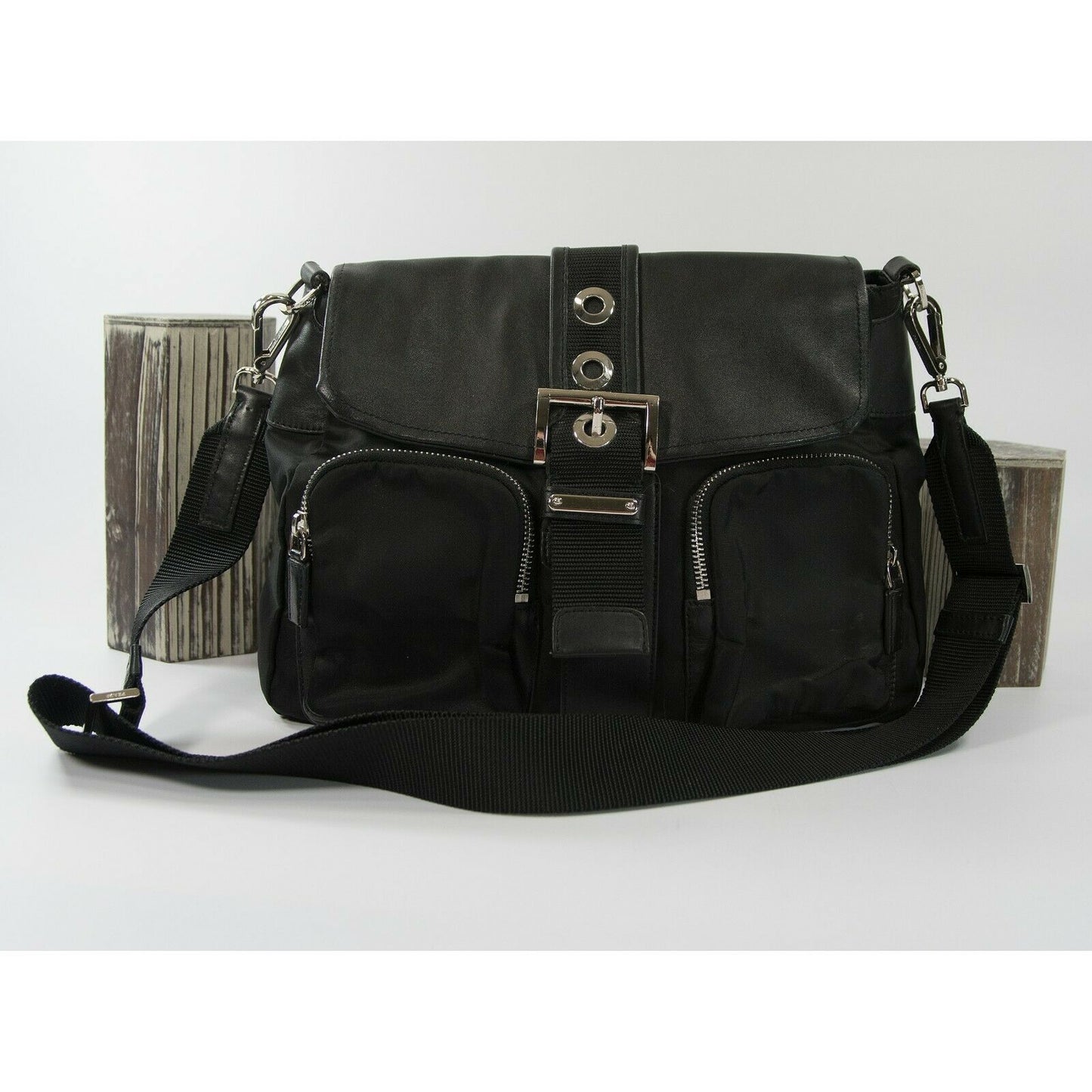 PRADA Black Nylon Leather Vela Pocket Flap Buckle Crossbody Messenger Bag EUC