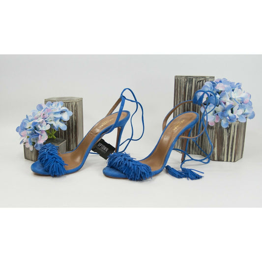 Aquazzura Royal Blue Suede Fringe Lace Up Stilletto Heels Shoes Sz 39 9