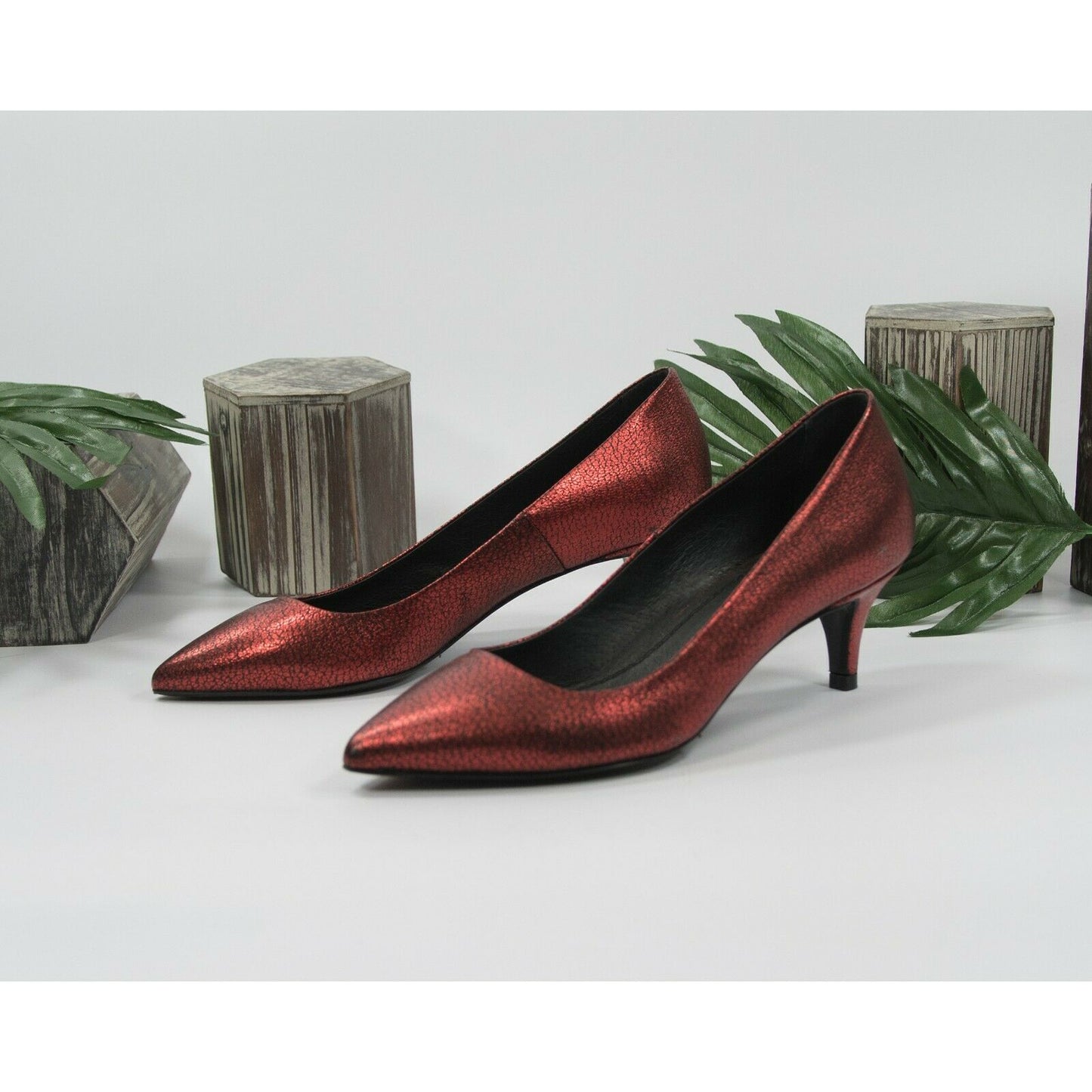 Maje Escarpin Rouge Red Metallic Leather Kitten Heels Shoes Sz 36 6