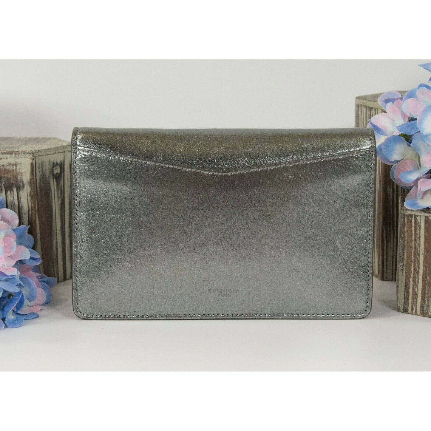 Givenchy Gunmetal Metallic Pandora Lambskin Leather Clutch Crossbody Bag